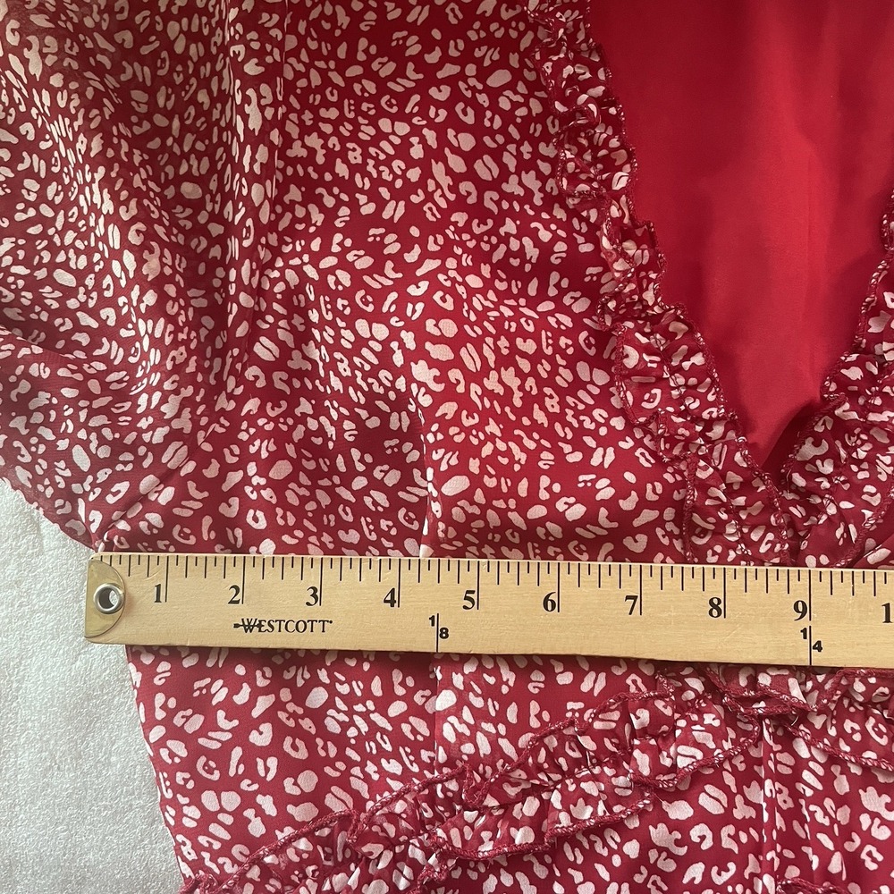 Red White Geometric Boho Dress Women XL Ruffles V Neck Chiffon Overlay Fairycore - Picture 5 of 11